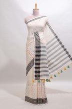 Cream thread butta south cotton saree with contrast border and striped pallu
