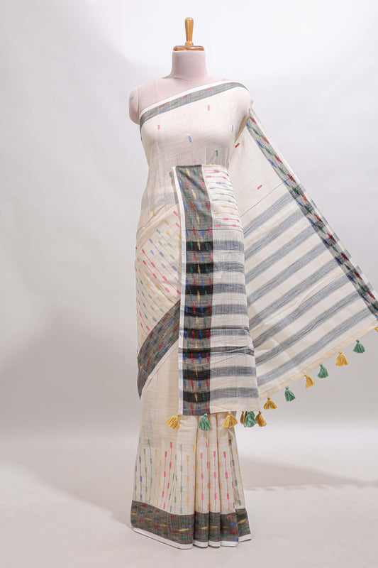 Cream thread butta south cotton saree with contrast border and striped pallu