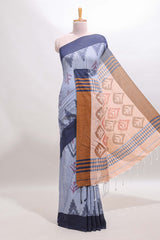 Grey & Navy Blue Woven South Cotton Saree with Tassels