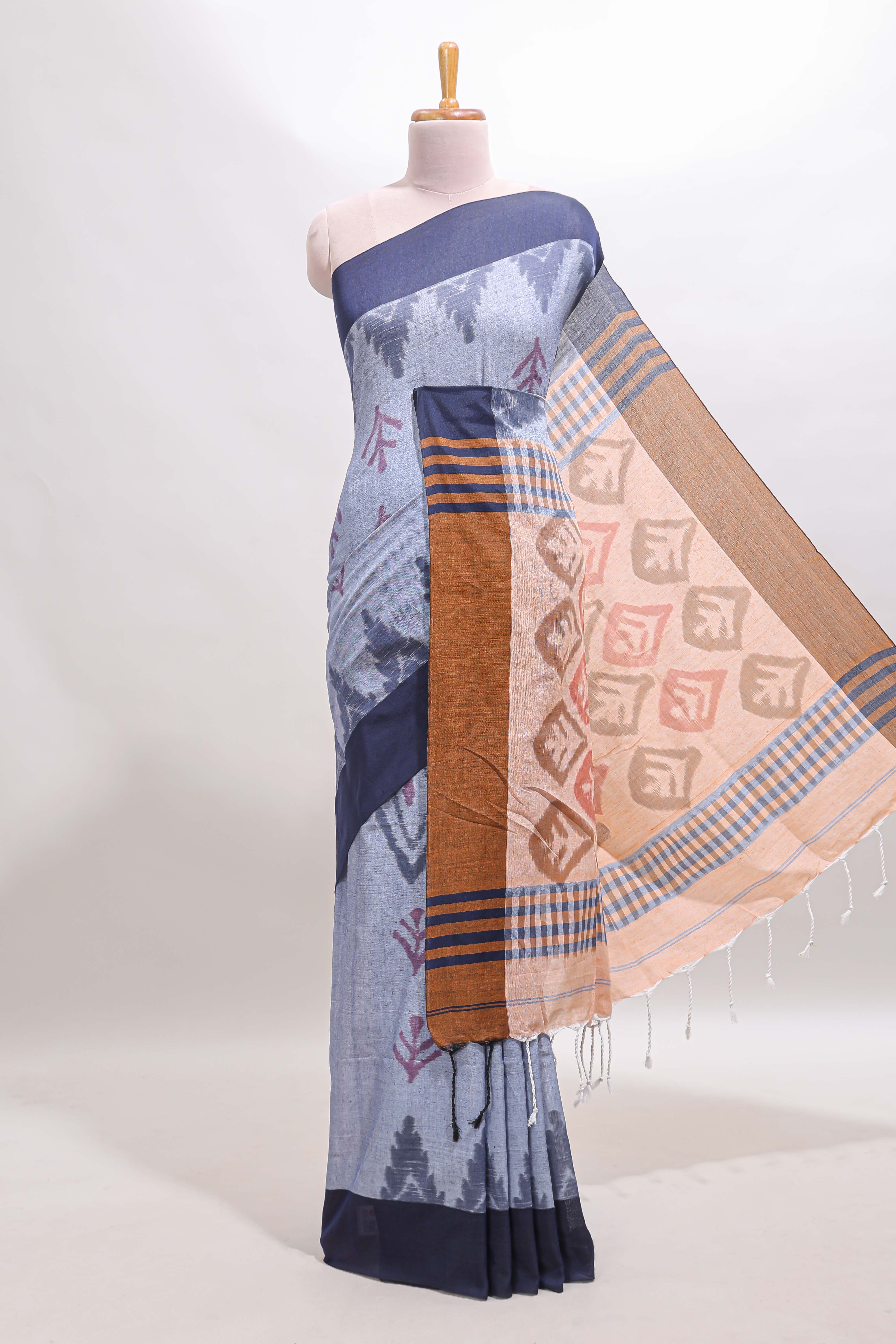 Grey & Navy Blue Woven South Cotton Saree with Tassels