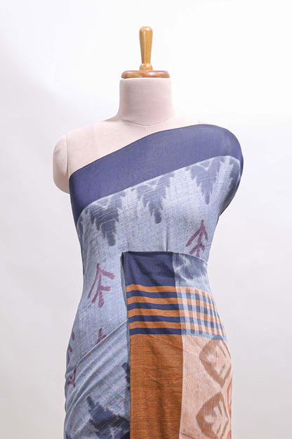 Grey & Navy Blue Woven South Cotton Saree with Tassels