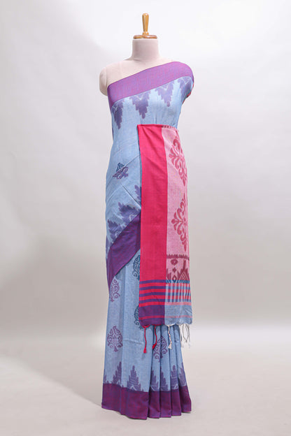 Light Blue & Pink Floral Woven Sothu Cotton Saree with Tassels