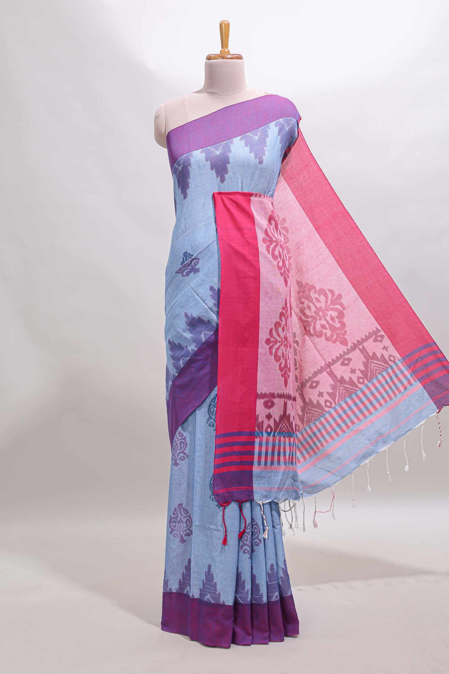 Light Blue & Pink Floral Woven Sothu Cotton Saree with Tassels