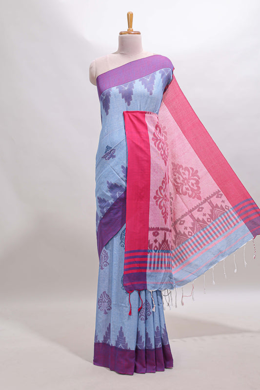 Light Blue & Pink Floral Woven Sothu Cotton Saree with Tassels