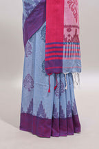 Light Blue & Pink Floral Woven Sothu Cotton Saree with Tassels