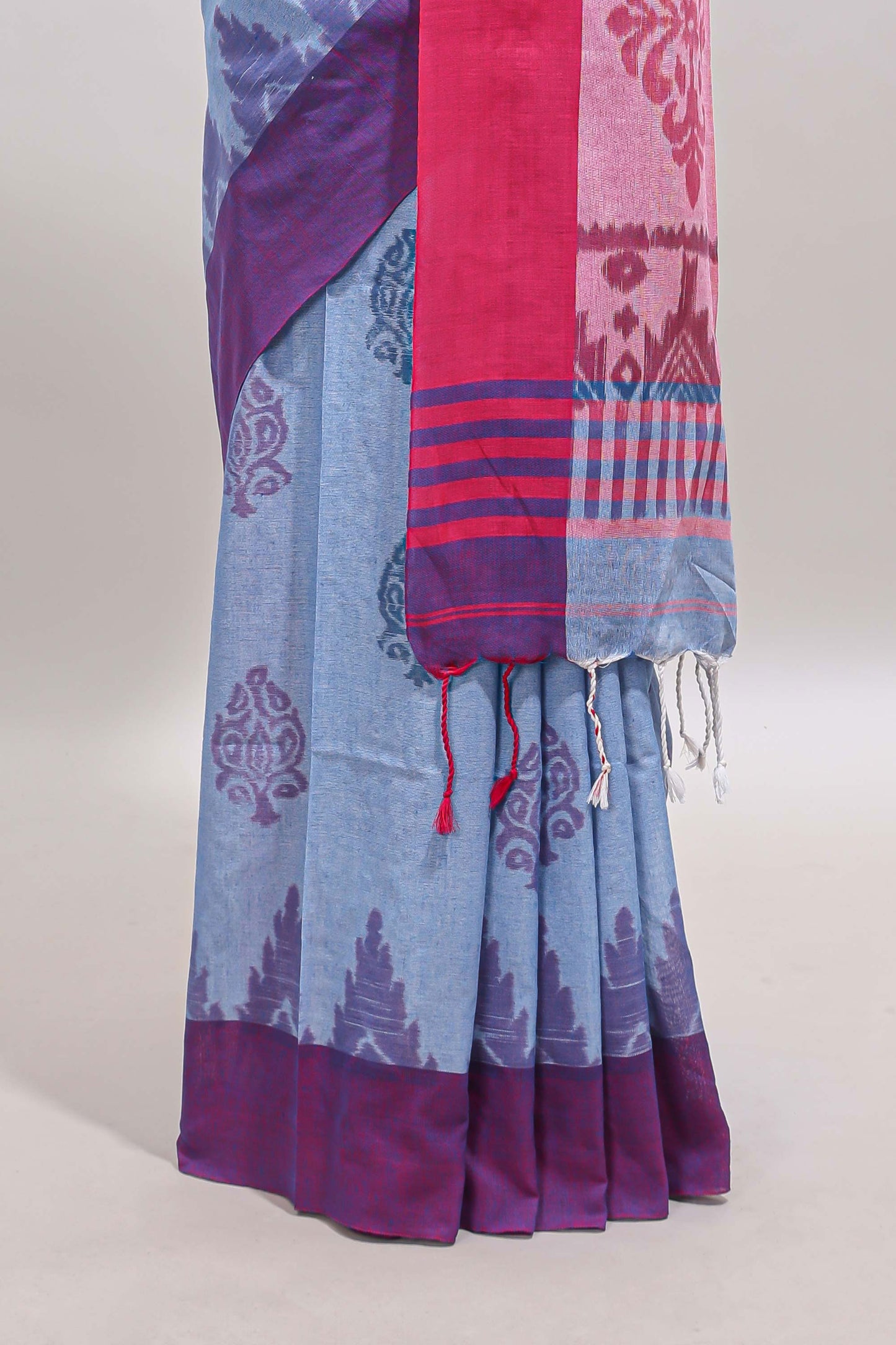 Light Blue & Pink Floral Woven Sothu Cotton Saree with Tassels