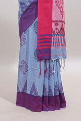 Light Blue & Pink Floral Woven Sothu Cotton Saree with Tassels