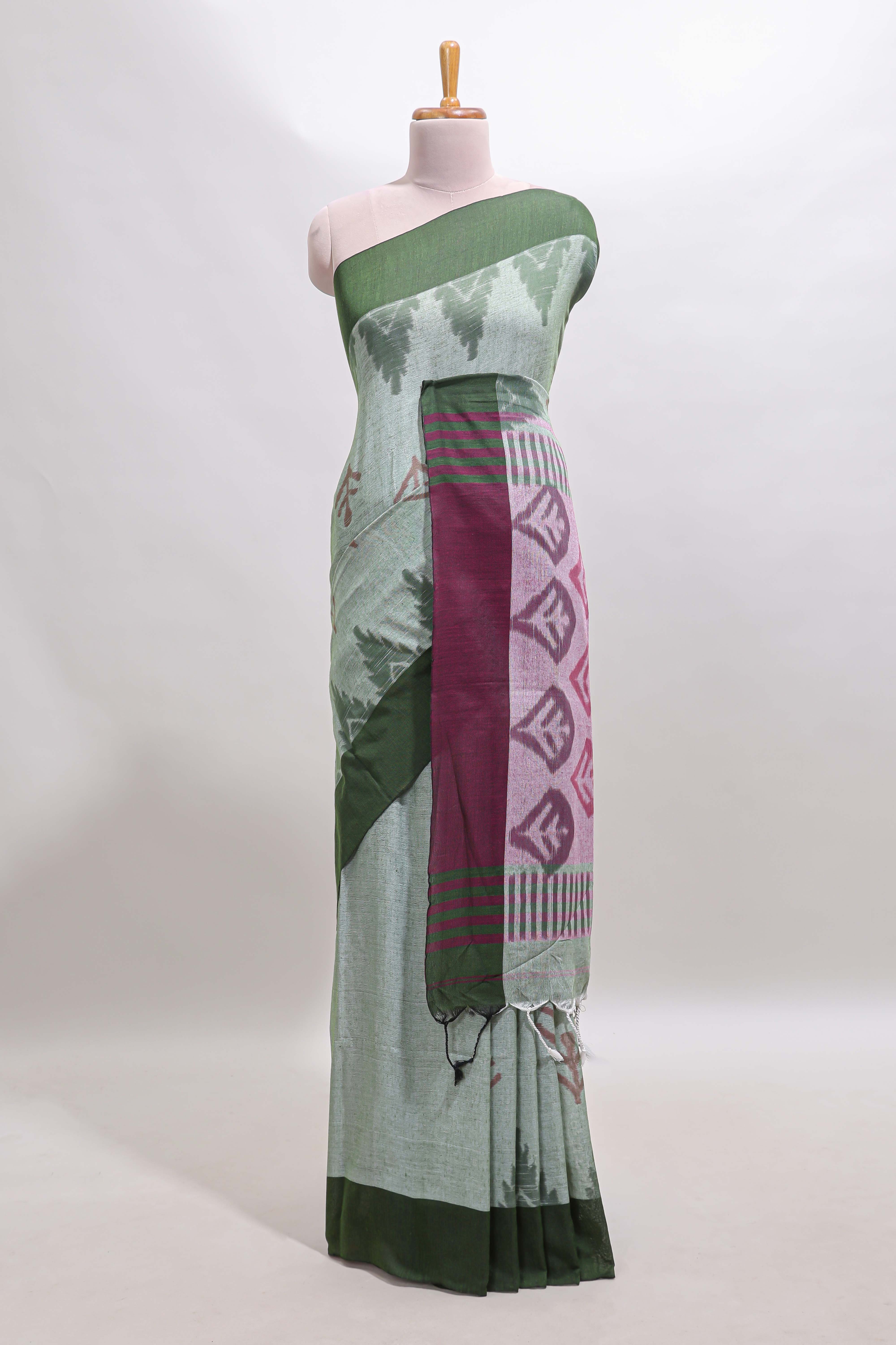 Green & Purple Floral Woven Sothu Cotton Saree with Tassels