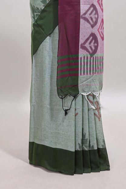 Green & Purple Floral Woven Sothu Cotton Saree with Tassels