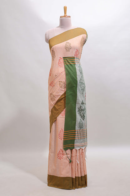 Peach floral design motifs south cotton sarees with contrast border and blouse