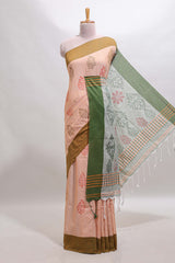 Peach floral design motifs south cotton sarees with contrast border and blouse