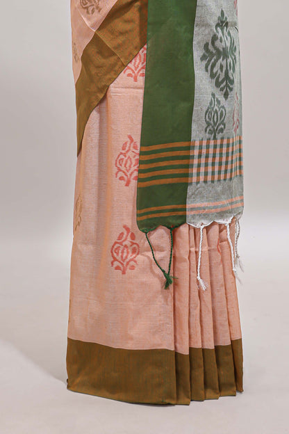 Peach floral design motifs south cotton sarees with contrast border and blouse