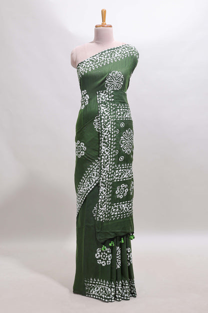 Green shibori printed floral design south cotton sarees with self border and contrast printed blouse