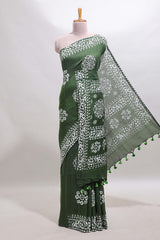 Green shibori printed floral design south cotton sarees with self border and contrast printed blouse
