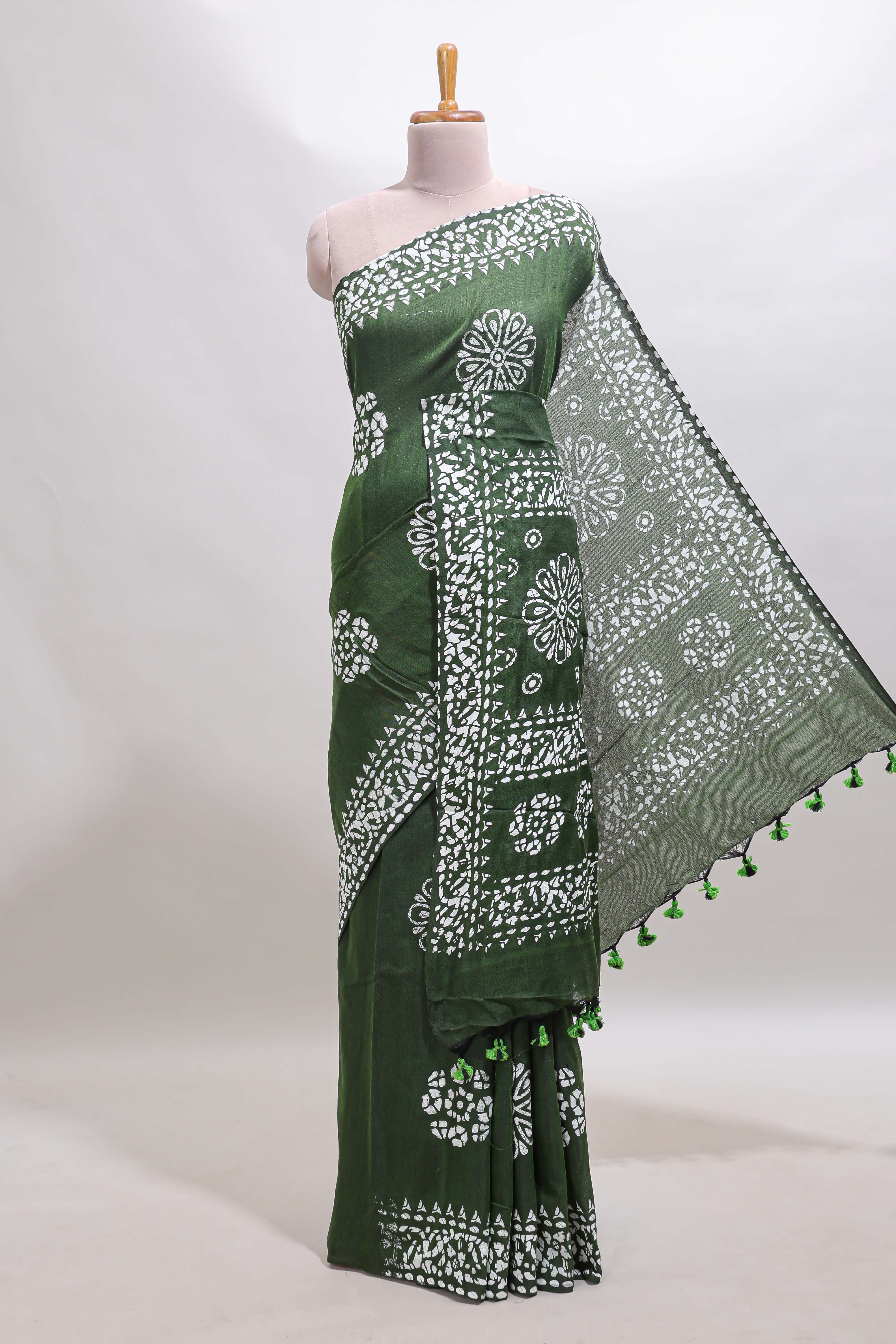 Green shibori printed floral design south cotton sarees with self border and contrast printed blouse