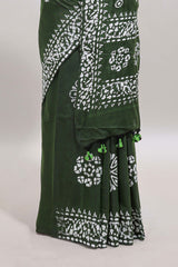 Green shibori printed floral design south cotton sarees with self border and contrast printed blouse