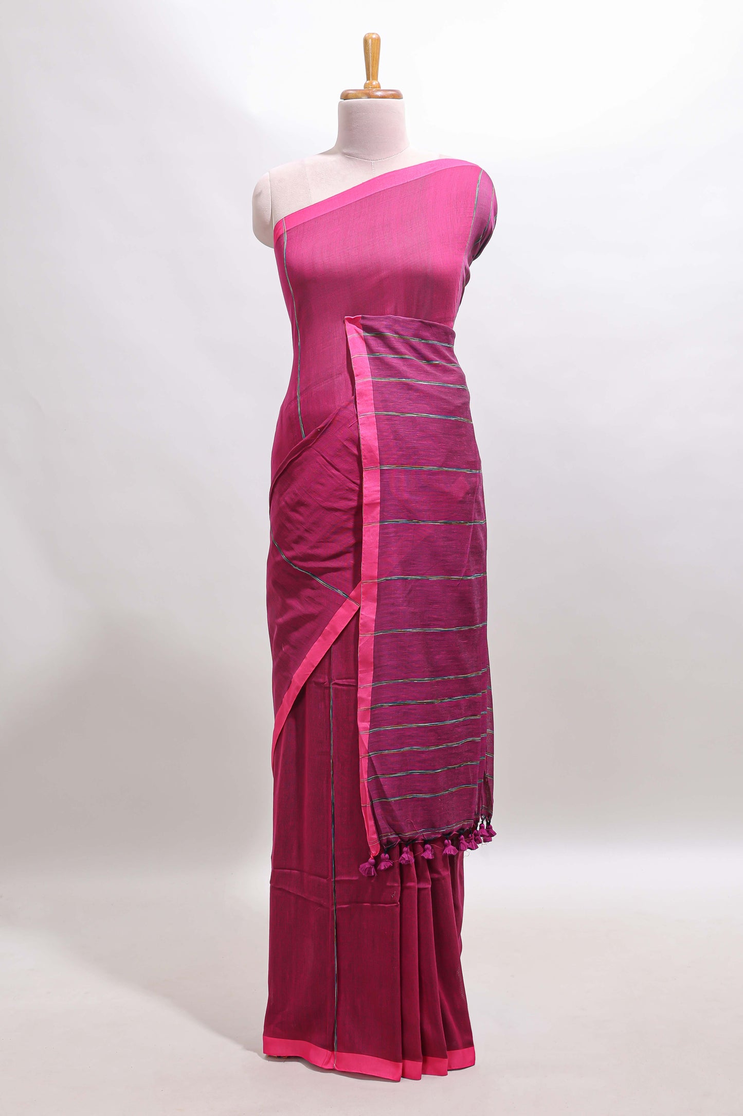 Pink striped south cotton sarees with self border and contrast printed blouse