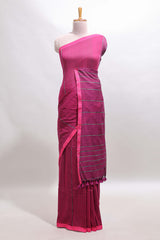 Pink striped south cotton sarees with self border and contrast printed blouse