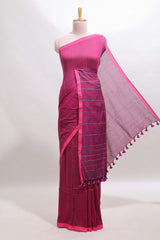Pink striped south cotton sarees with self border and contrast printed blouse
