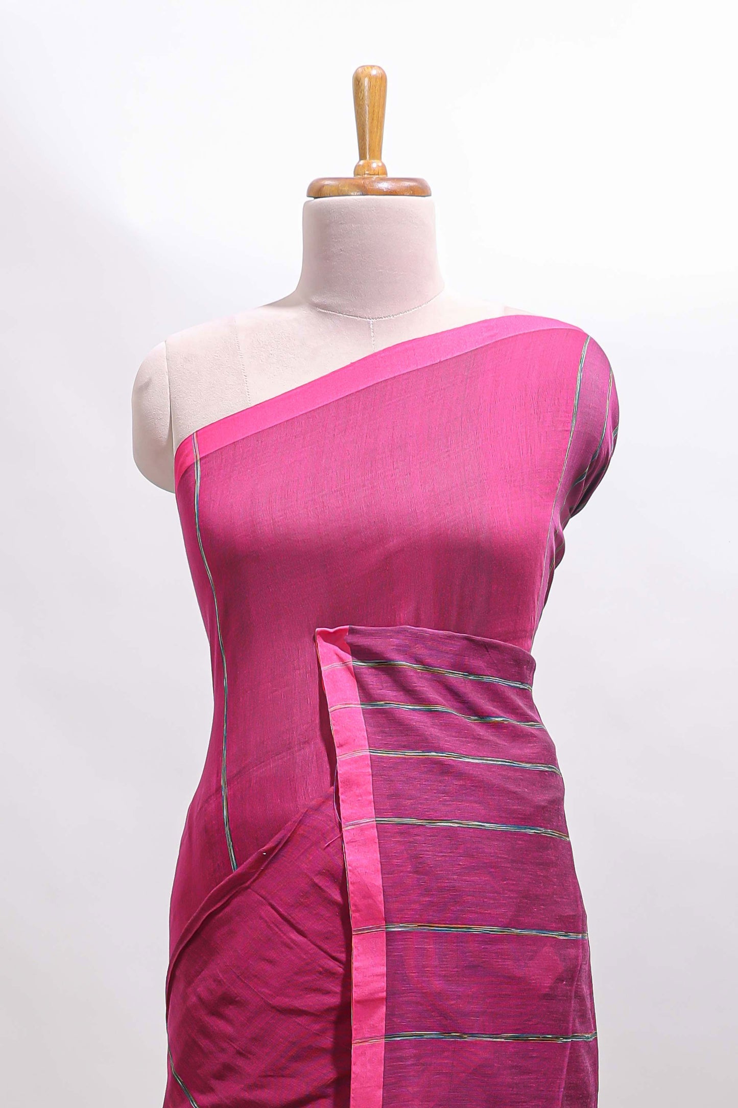 Pink striped south cotton sarees with self border and contrast printed blouse