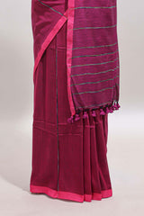 Pink striped south cotton sarees with self border and contrast printed blouse