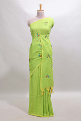 Green floral motifs south cotton sarees with self border and contrast printed blouse