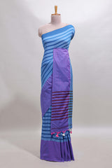 Blue striped south cotton sarees with contrast border and matching striped blouse