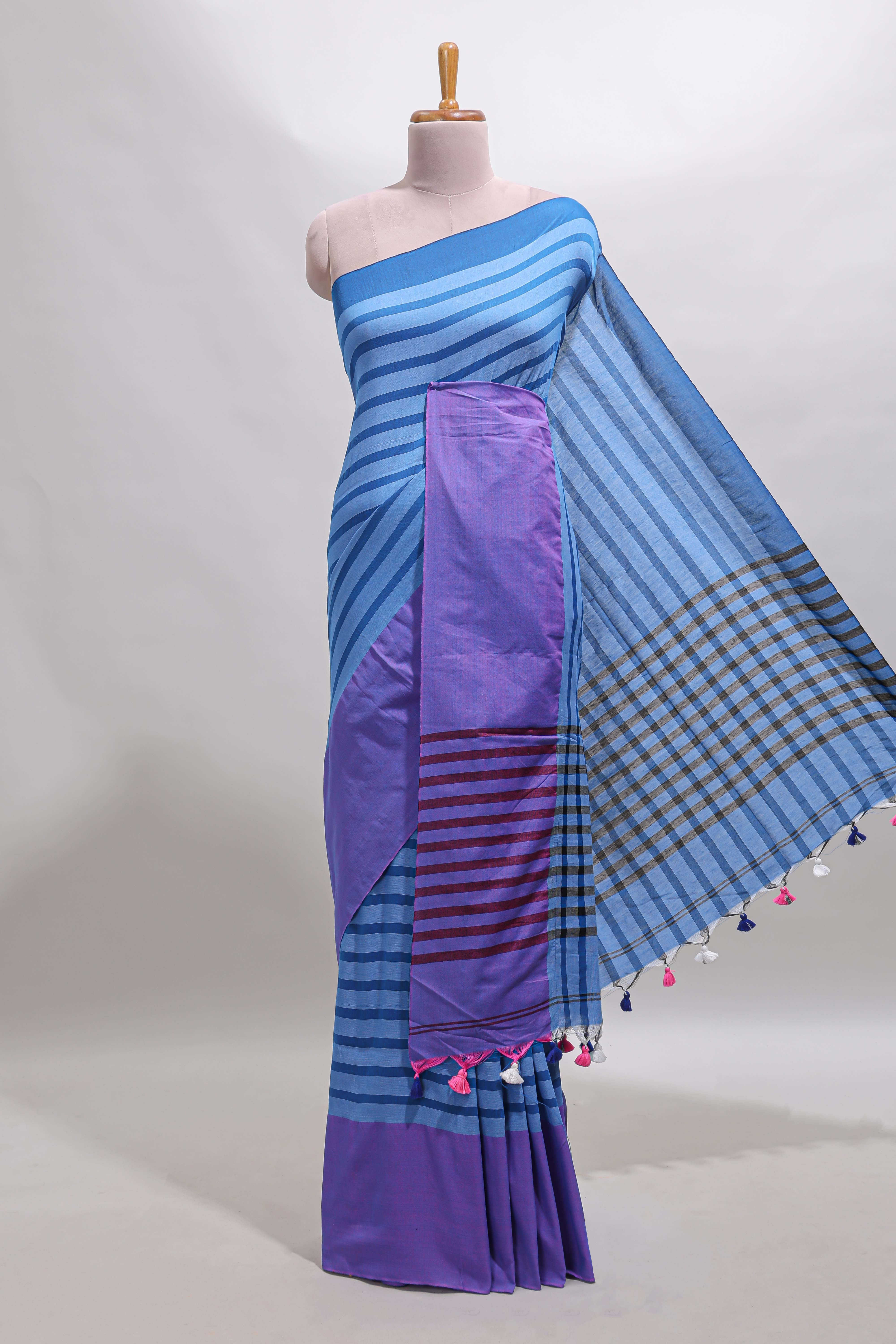 Blue striped south cotton sarees with contrast border and matching striped blouse