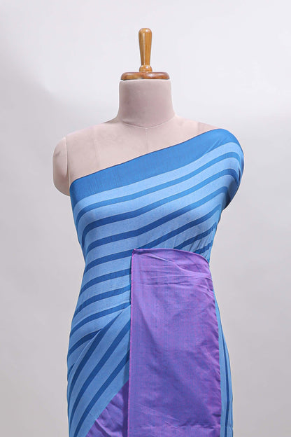 Blue striped south cotton sarees with contrast border and matching striped blouse