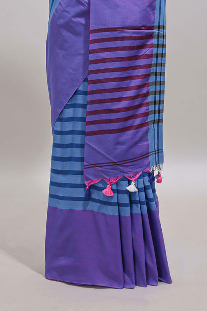 Blue striped south cotton sarees with contrast border and matching striped blouse
