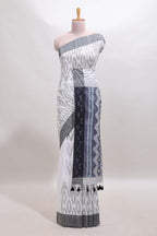 White geometric motifs south cotton sarees with contrast border and matching blouse