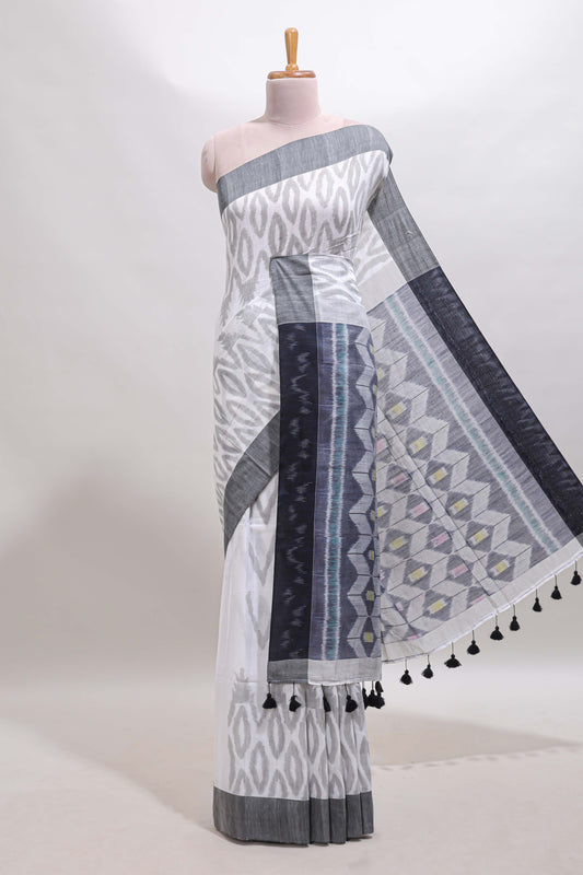 White geometric motifs south cotton sarees with contrast border and matching blouse
