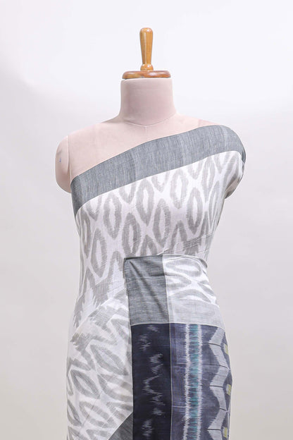 White geometric motifs south cotton sarees with contrast border and matching blouse