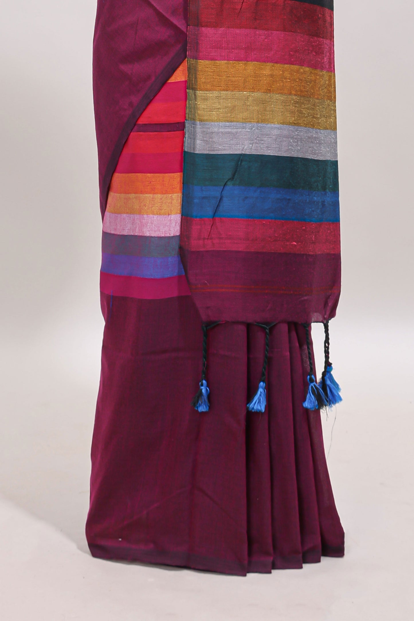 Multi color striped south cotton sarees with contrast border and matching blouse