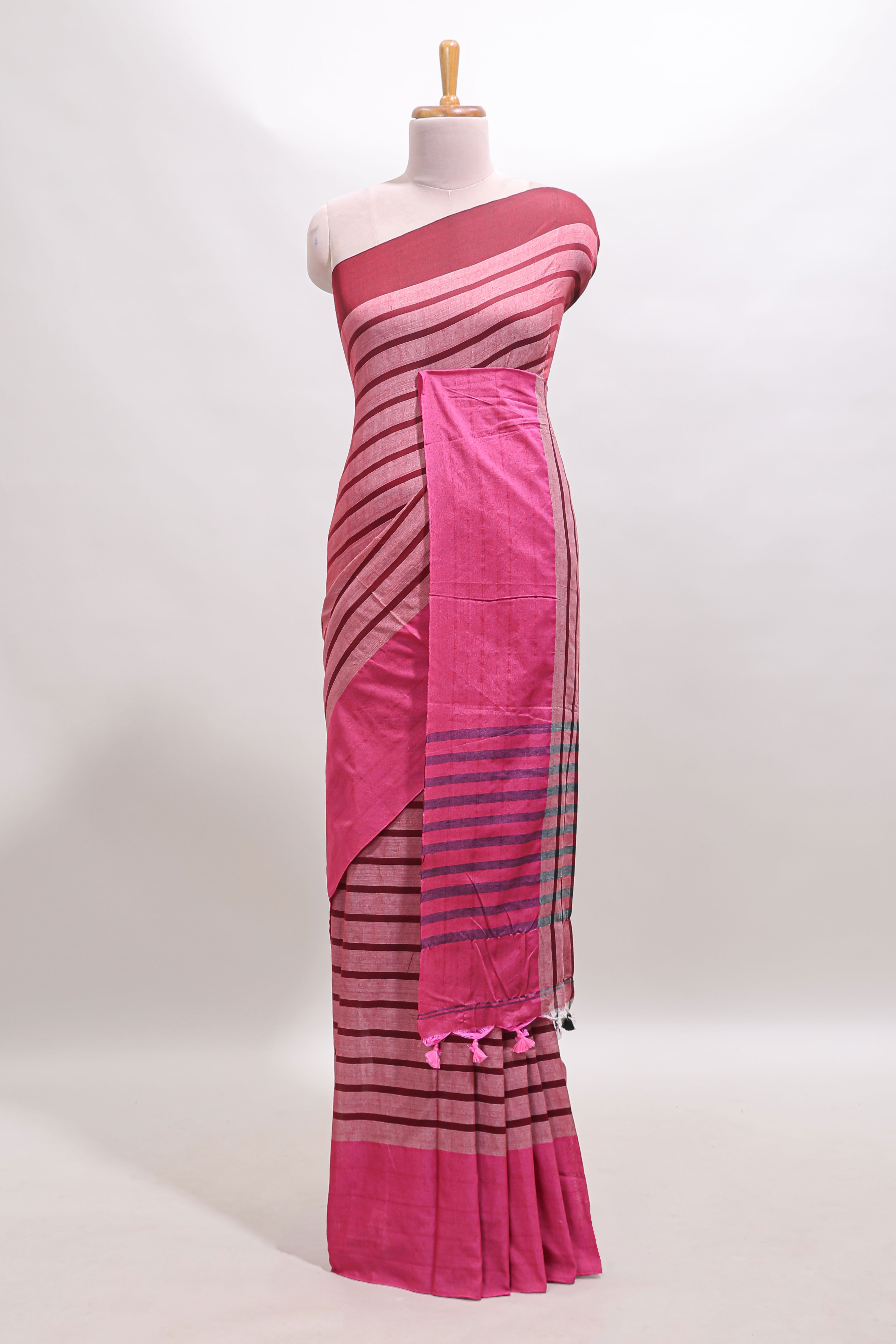 Pink striped south cotton sarees with contrast border and matching blouse