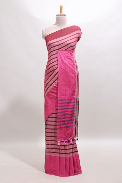 Pink striped south cotton sarees with contrast border and matching blouse