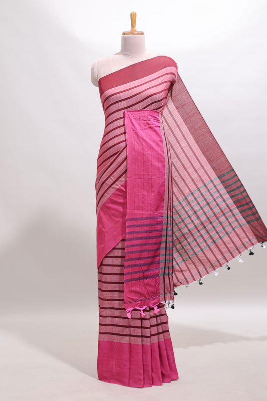 Pink striped south cotton sarees with contrast border and matching blouse