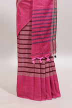 Pink striped south cotton sarees with contrast border and matching blouse