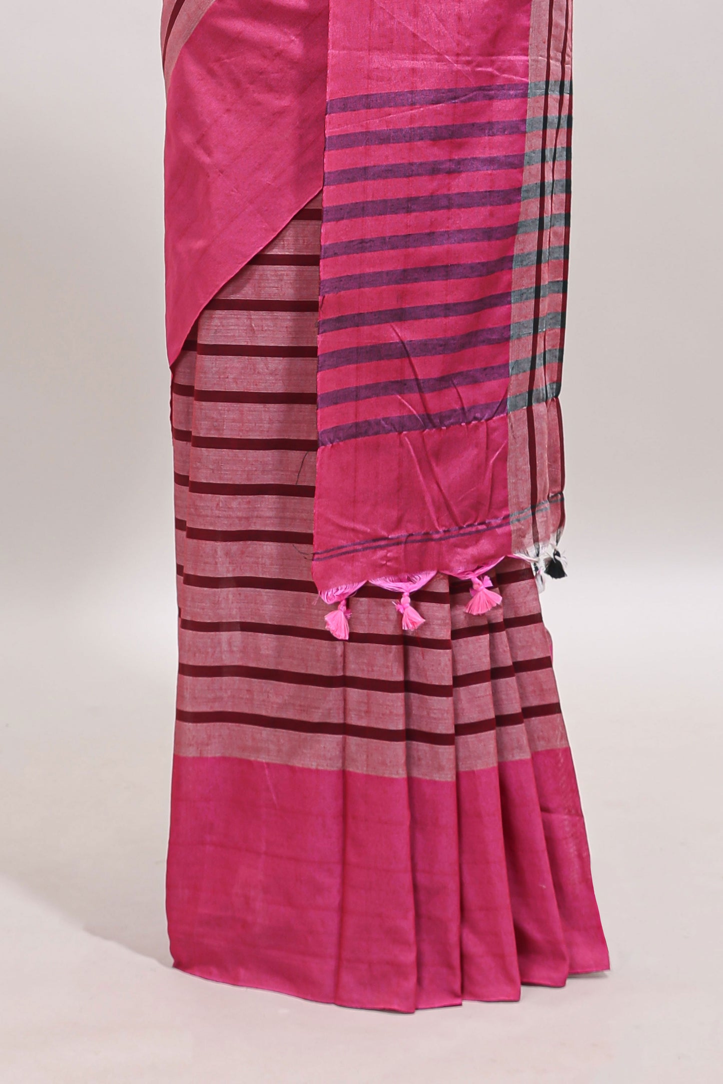 Pink striped south cotton sarees with contrast border and matching blouse