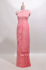 Borderless peach plain south cotton sarees with matching printed blouse and self pallu tassels