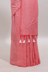Borderless peach plain south cotton sarees with matching printed blouse and self pallu tassels