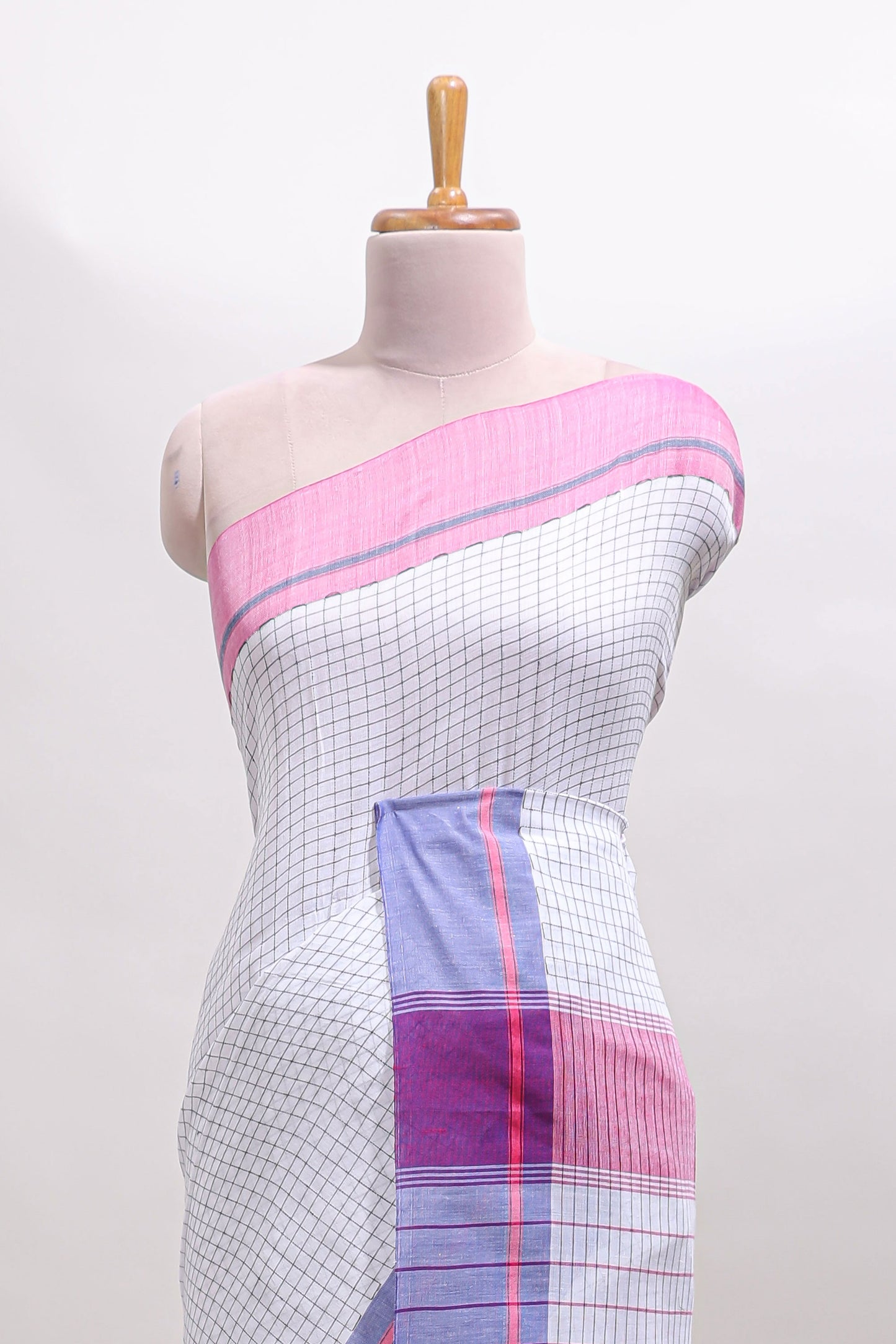 White checked south cotton sarees with contrast border and striped blouse