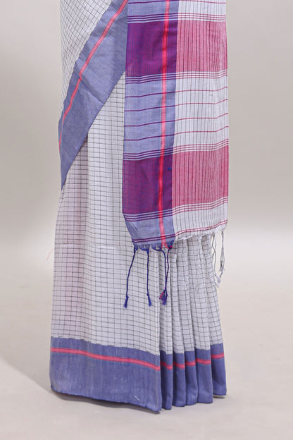 White checked south cotton sarees with contrast border and striped blouse