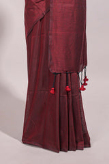 Wine red plain south cotton sarees with contrast warli printed blouse