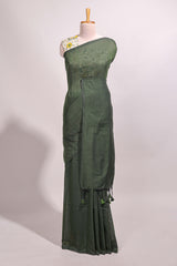 Deep green plain south cotton sarees with contrast floral printed blouse