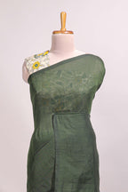 Deep green plain south cotton sarees with contrast floral printed blouse