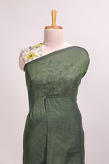 Deep green plain south cotton sarees with contrast floral printed blouse