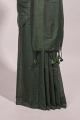 Deep green plain south cotton sarees with contrast floral printed blouse
