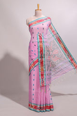 Pastel pink south cotton saree body with woven buttasborder featuring multicolour Ikat patterns woven pallu with a matching blouse