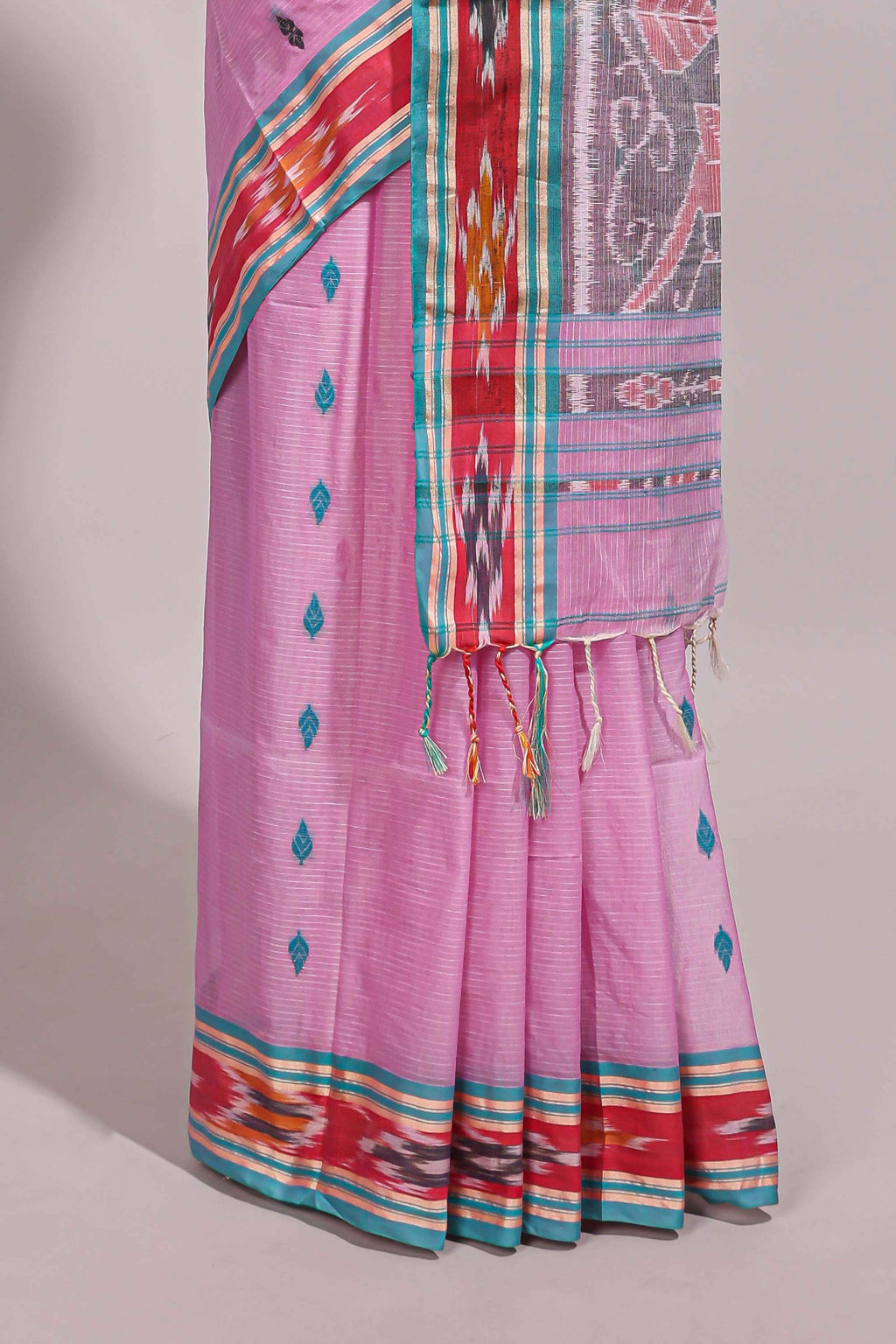 Pastel pink south cotton saree body with woven buttas  border featuring multicolour Ikat patterns woven pallu with a matching blouse